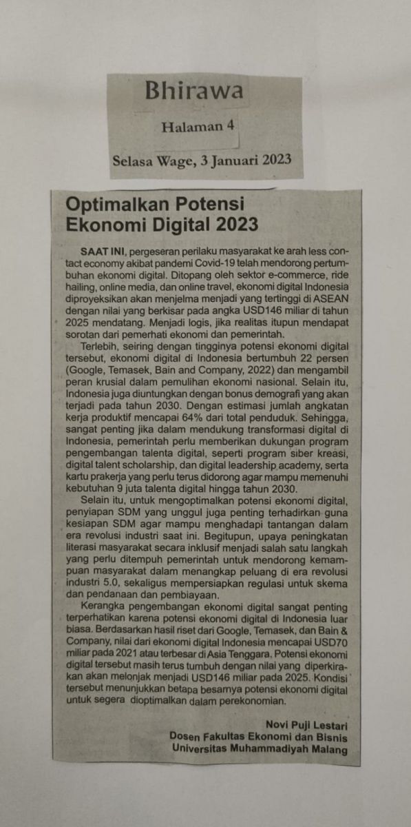 Optimalkan Potensi Ekonomi Digital 2023 - Bhirawa - UMM Dalam Berita ...